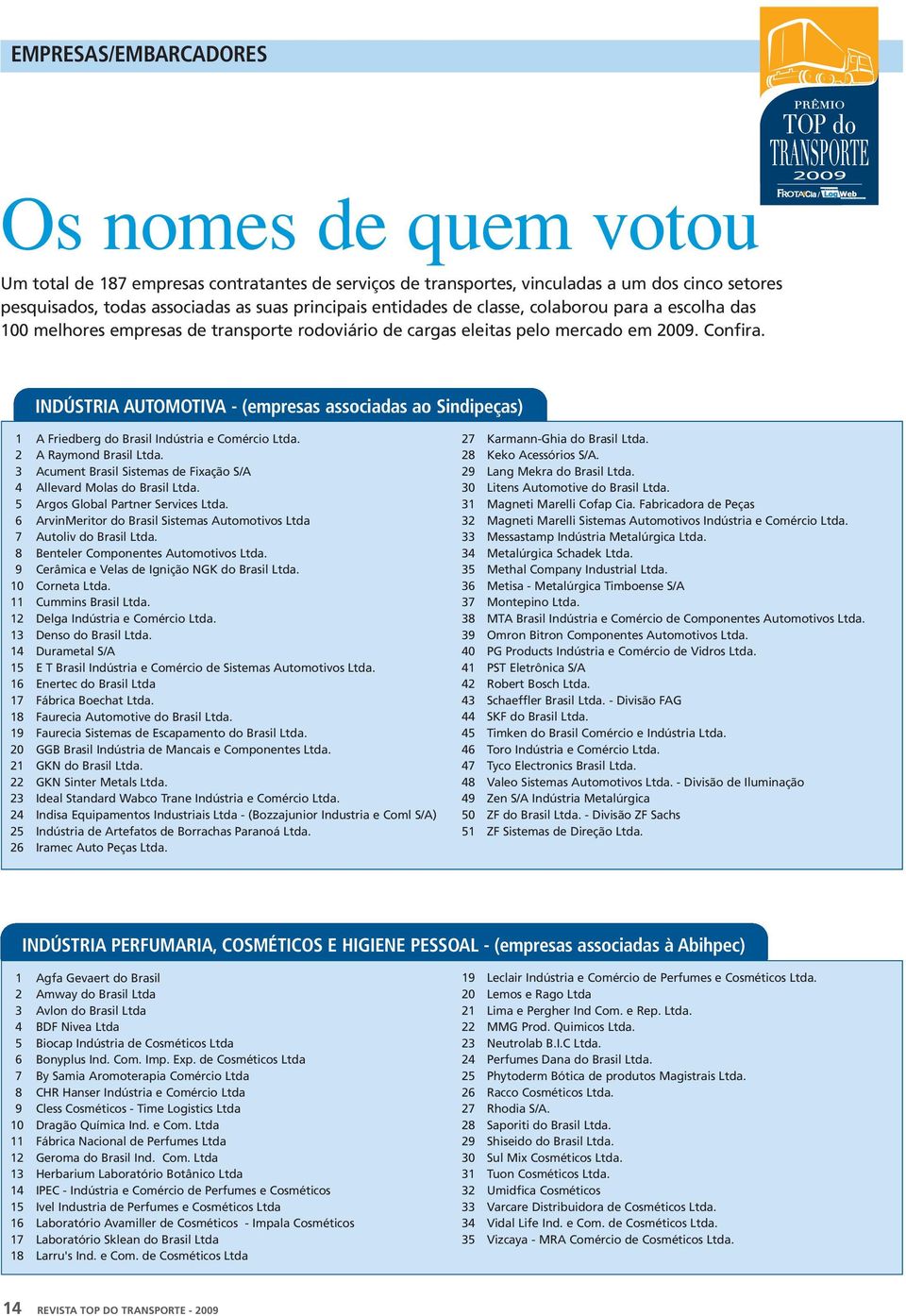 INDÚSTRIA AUTOMOTIVA - (empresas associadas ao Sindipeças) 1 A Friedberg do Brasil Indústria e Comércio Ltda. 2 A Raymond Brasil Ltda.