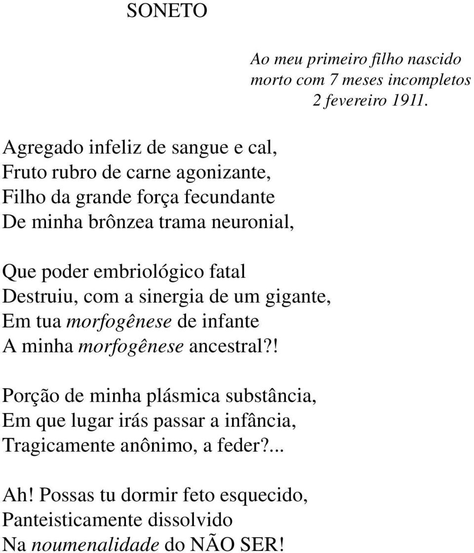 ancestral?! Porção de minha plásmica substância, Em que lugar irás passar a infância, Tragicamente anônimo, a feder?... Ah!