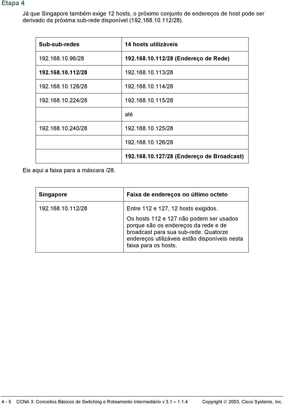 168.10.126/28 192.168.10.127/28 (Endereço de Broadcast) Eis aqui a faixa para a máscara /28. Singapore 192.168.10.112/28 Entre 112 e 127, 12 hosts exigidos.