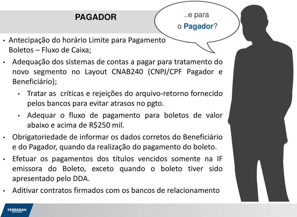 Pagador e Beneficiário); Tratar as críticas e rejeições do arquivo-retorno fornecido pelos bancos para evitar atrasos no pgto.