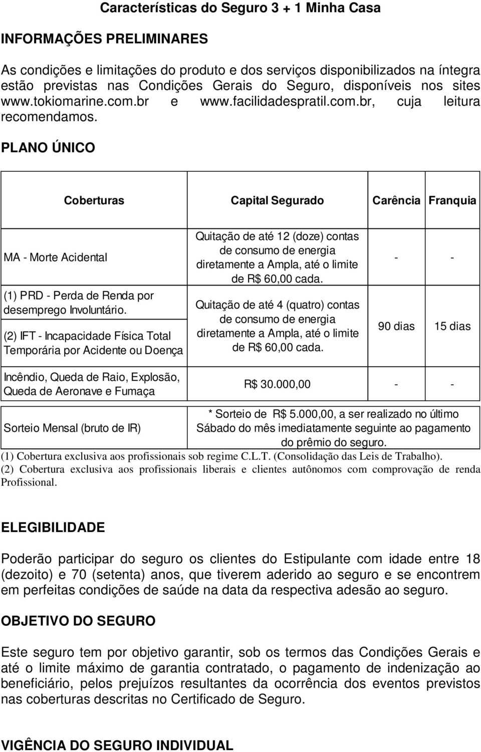 PLANO ÚNICO Coberturas Capital Segurado Carência Franquia MA - Morte Acidental (1) PRD - Perda de Renda por desemprego Involuntário.