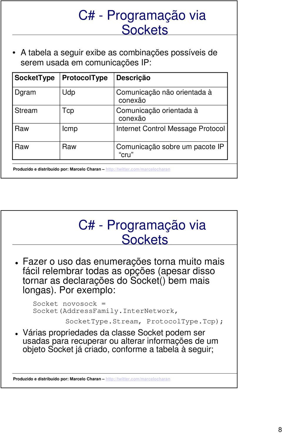 torna muito mais fácil relembrar todas as opções (apesar disso tornar as declarações do Socket() bem mais longas). Por exemplo: Socket novosock = Socket(AddressFamily.