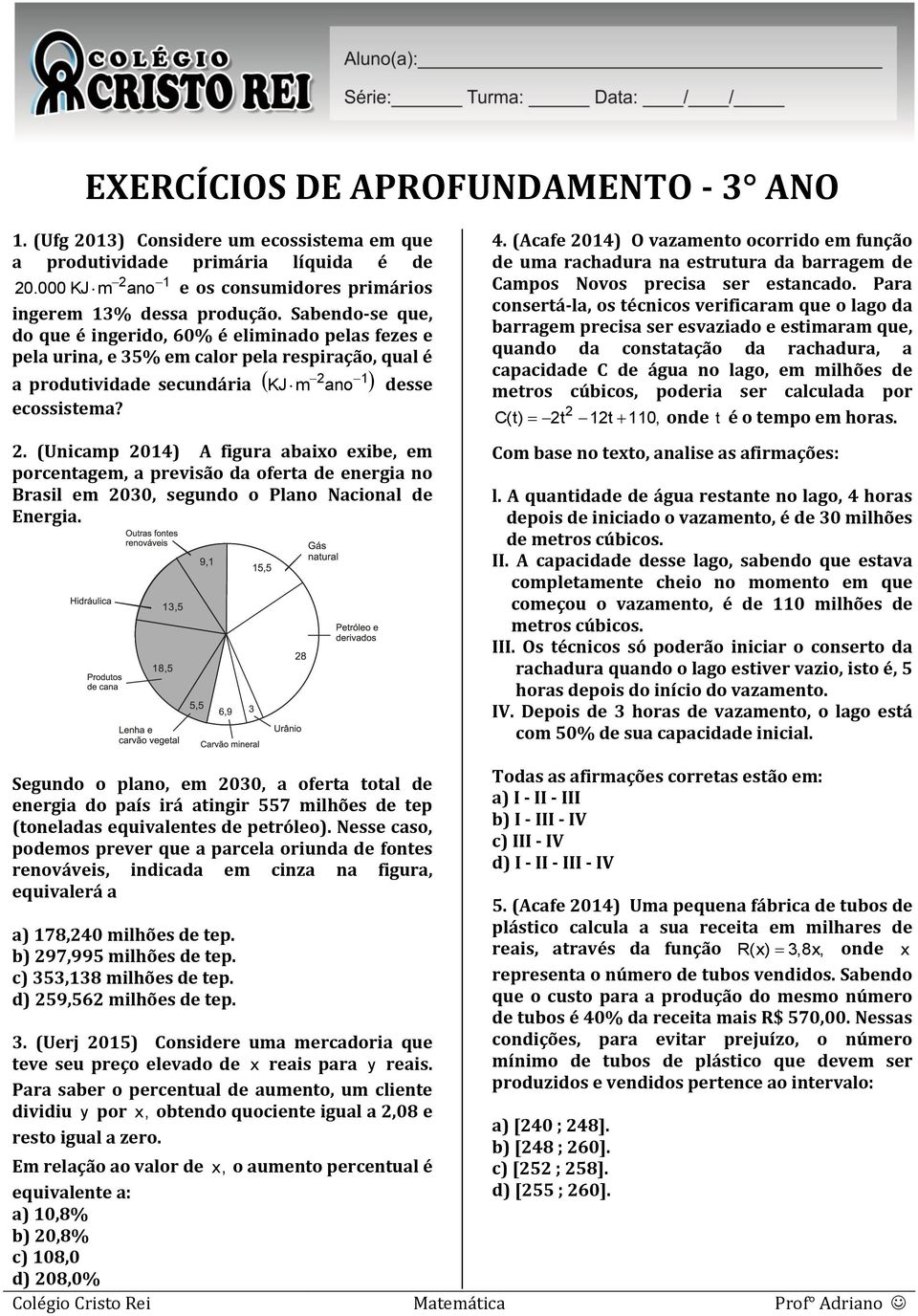 . (Unicamp 014) A figura abaixo exibe, em porcentagem, a previsão da oferta de energia no Brasil em 030, segundo o Plano Nacional de Energia. 4.