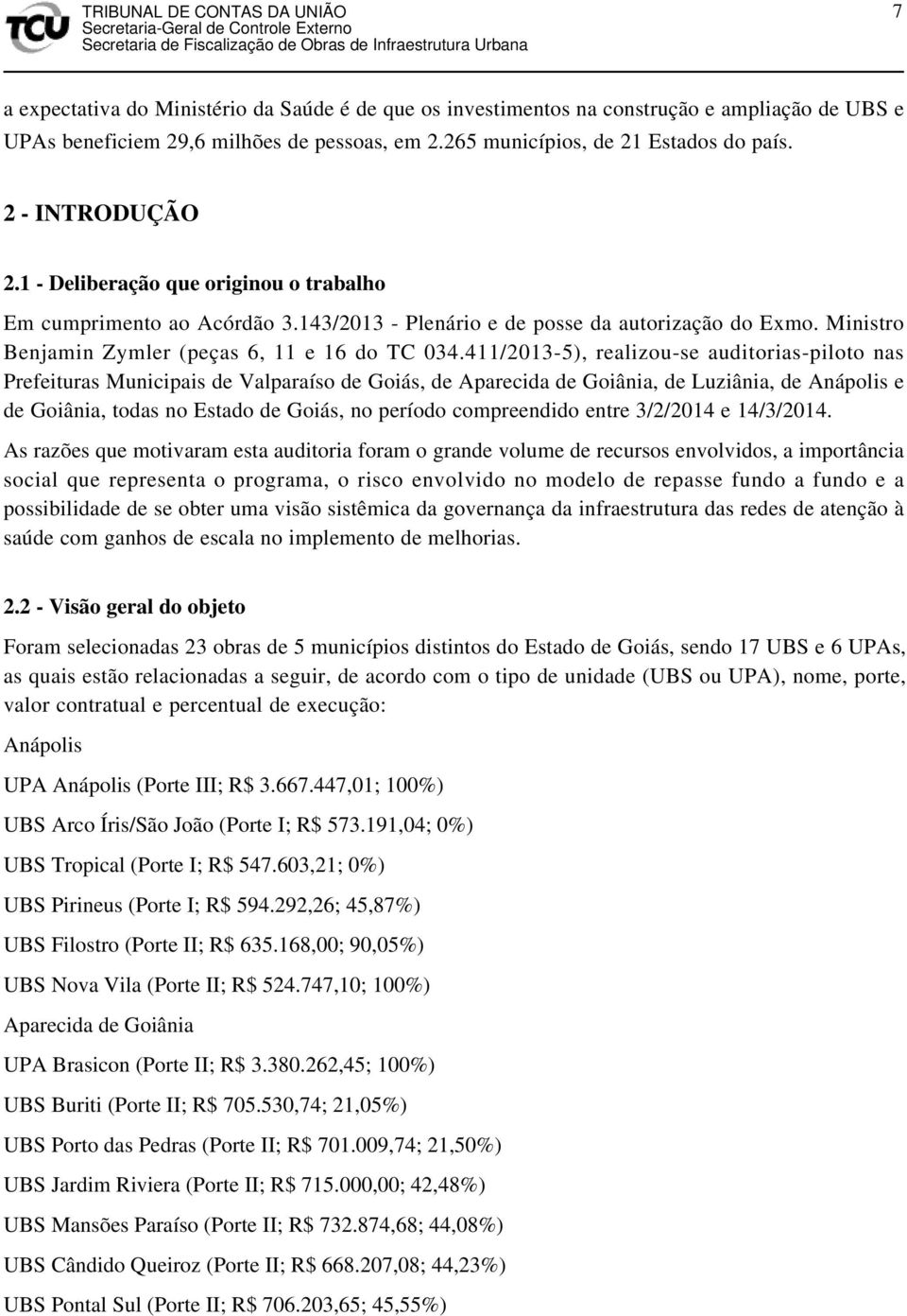 411/2013-5), realizou-se auditorias-piloto nas Prefeituras Municipais de Valparaíso de Goiás, de Aparecida de Goiânia, de Luziânia, de Anápolis e de Goiânia, todas no Estado de Goiás, no período