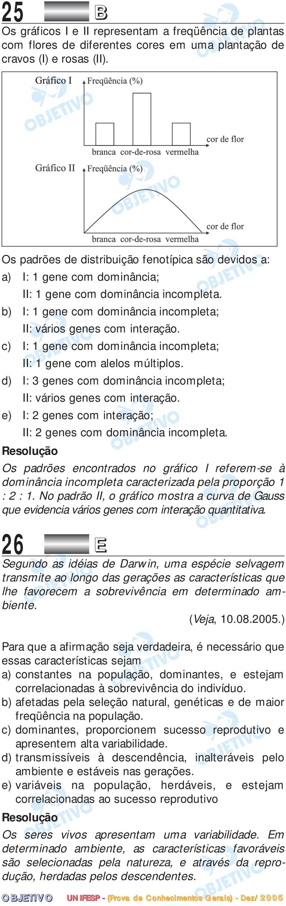 c) I: 1 gene com dominância incompleta; II: 1 gene com alelos múltiplos. d) I: 3 genes com dominância incompleta; II: vários genes com interação.