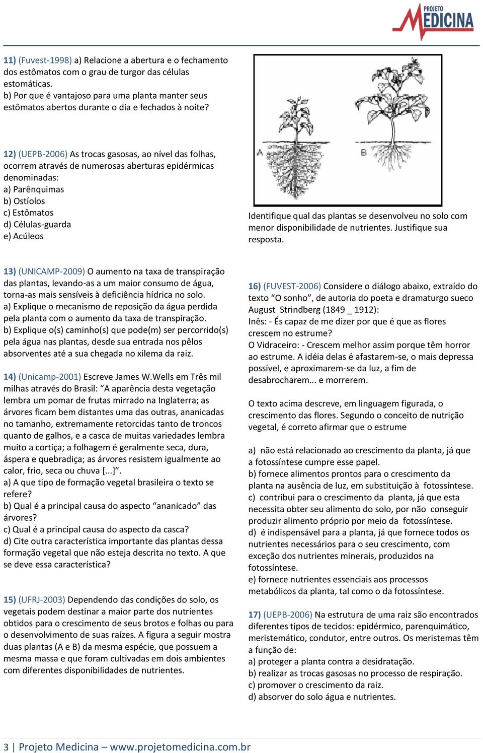 12) (UEPB-2006) As trocas gasosas, ao nível das folhas, ocorrem através de numerosas aberturas epidérmicas denominadas: a) Parênquimas b) Ostíolos c) Estômatos d) Células-guarda e) Acúleos