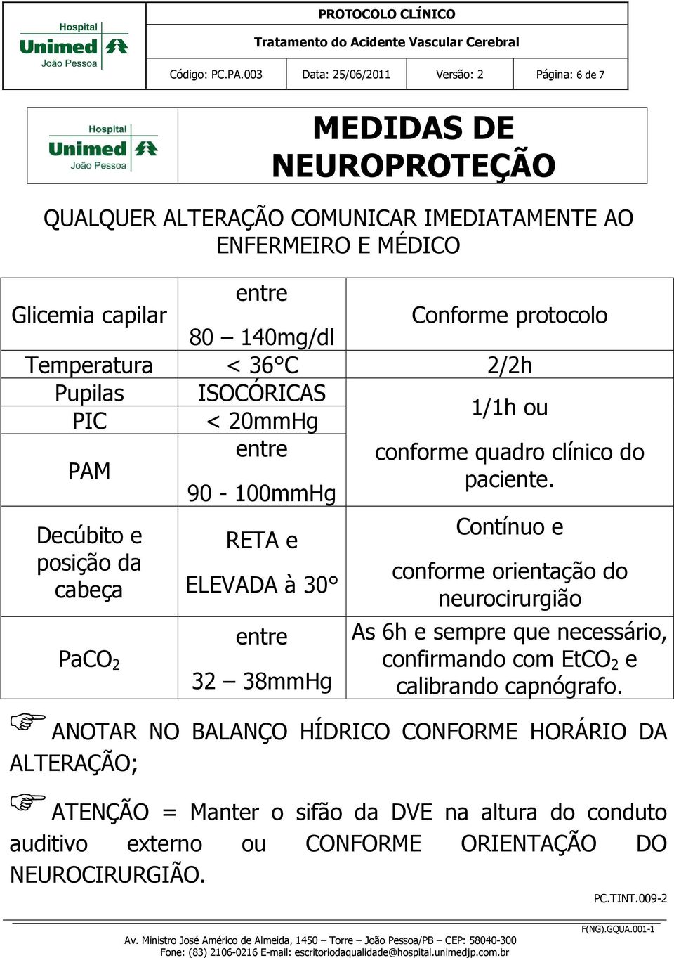 Conforme protocolo Temperatura < 36 C 2/2h Pupilas ISOCÓRICAS PIC < 20mmHg 1/1h ou PAM entre conforme quadro clínico do 90-100mmHg paciente.