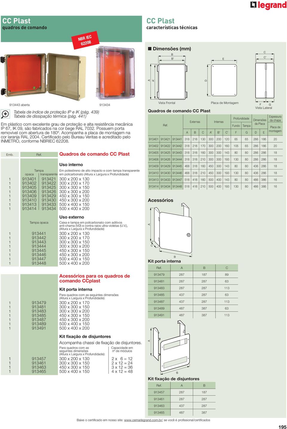 Acompanha a placa de montagem na cor laranja RAL 2004. Certifi cado pelo Bureau Veritas e acreditado pelo INMETRO, conforme NBRIEC 62208. Emb. Ref.