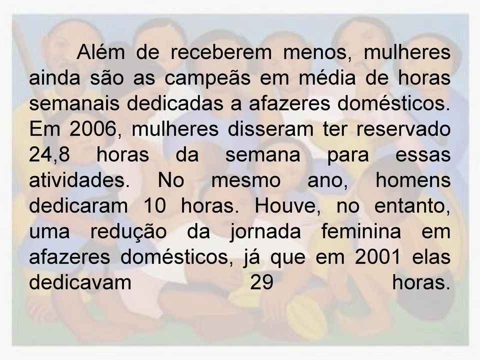 Em 2006, mulheres disseram ter reservado 24,8 horas da semana para essas atividades.