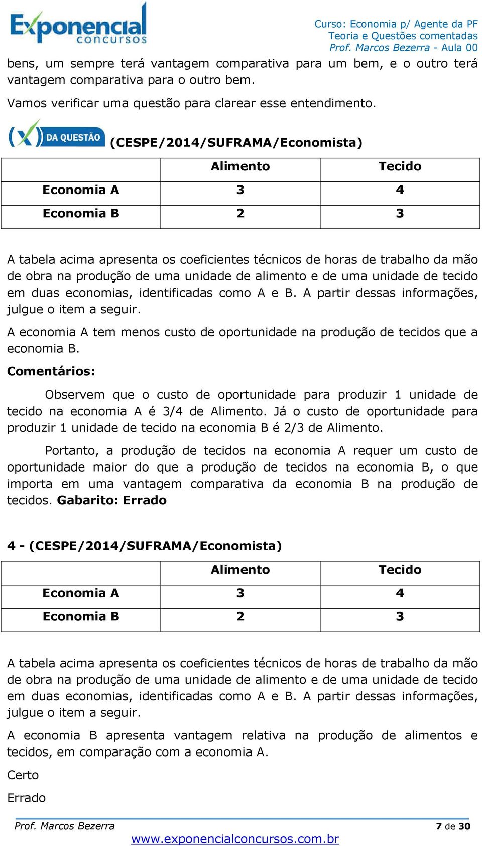 alimento e de uma unidade de tecido em duas economias, identificadas como A e B. A partir dessas informações, julgue o item a seguir.