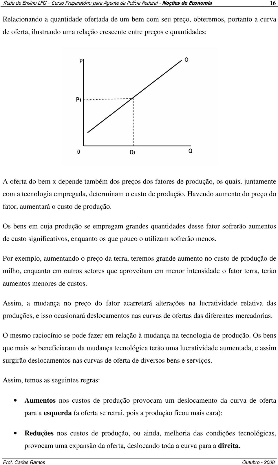 de produção. Havendo aumento do preço do fator, aumentará o custo de produção.