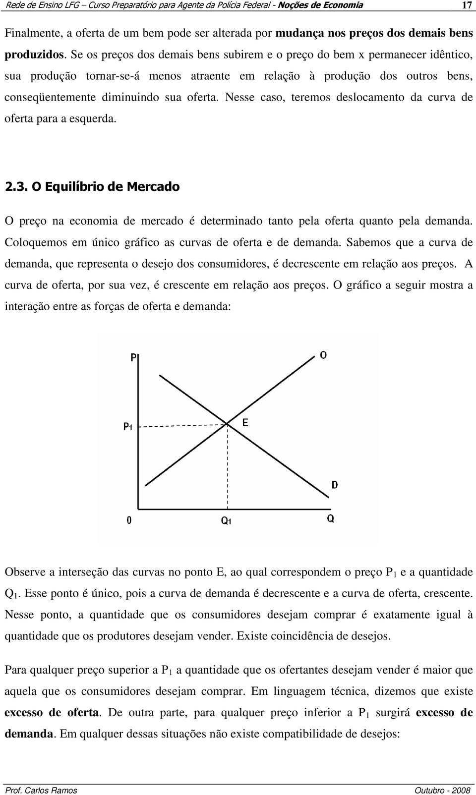 Nesse caso, teremos deslocamento da curva de oferta para a esquerda. 2.3. O Equilíbrio de Mercado O preço na economia de mercado é determinado tanto pela oferta quanto pela demanda.