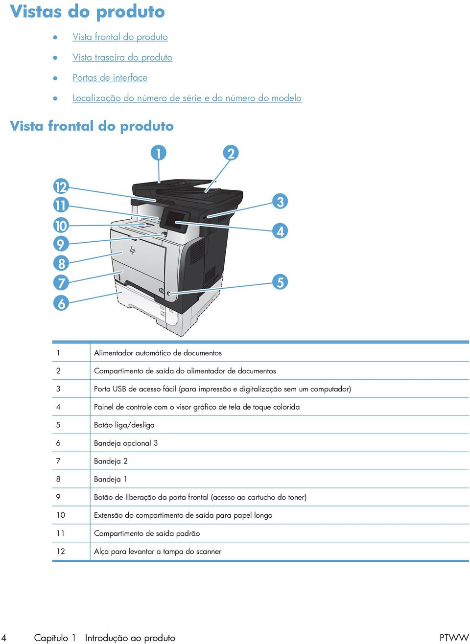 4 Painel de controle com o visor gráfico de tela de toque colorida 5 Botão liga/desliga 6 Bandeja opcional 3 7 Bandeja 2 8 Bandeja 1 9 Botão de liberação da porta frontal (acesso ao