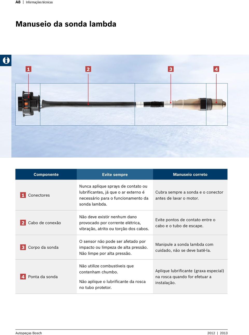 2 Cabo de conexão Não deve existir nenhum dano provocado por corrente elétrica, vibração, atrito ou torção dos cabos. Evite pontos de contato entre o cabo e o tubo de escape.