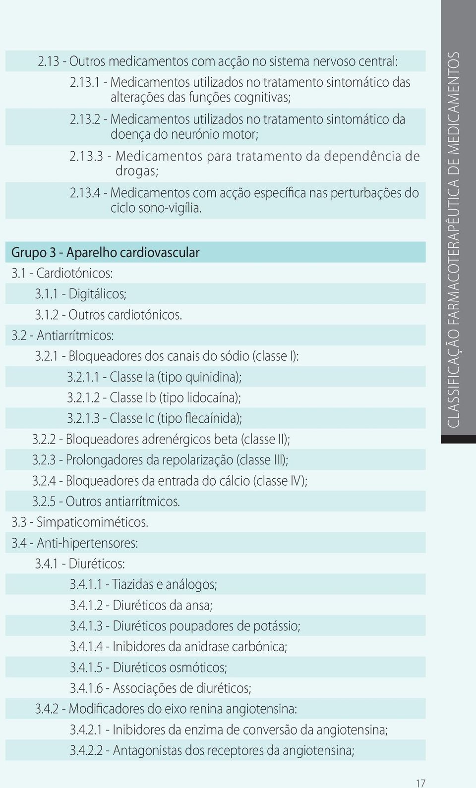 1 - Cardiotónicos: 3.1.1 - Digitálicos; 3.1.2 - Outros cardiotónicos. 3.2 - Antiarrítmicos: 3.2.1 - Bloqueadores dos canais do sódio (classe I): 3.2.1.1 - Classe Ia (tipo quinidina); 3.2.1.2 - Classe Ib (tipo lidocaína); 3.