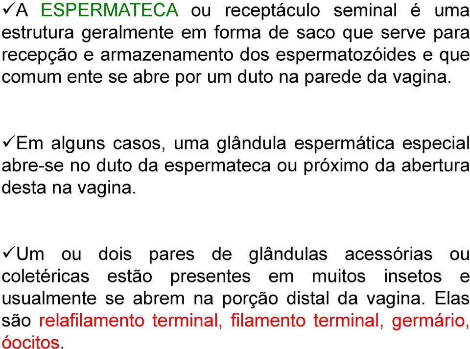 Em alguns casos, uma glândula espermática especial abre-se no duto da espermateca ou próximo da abertura desta na vagina.