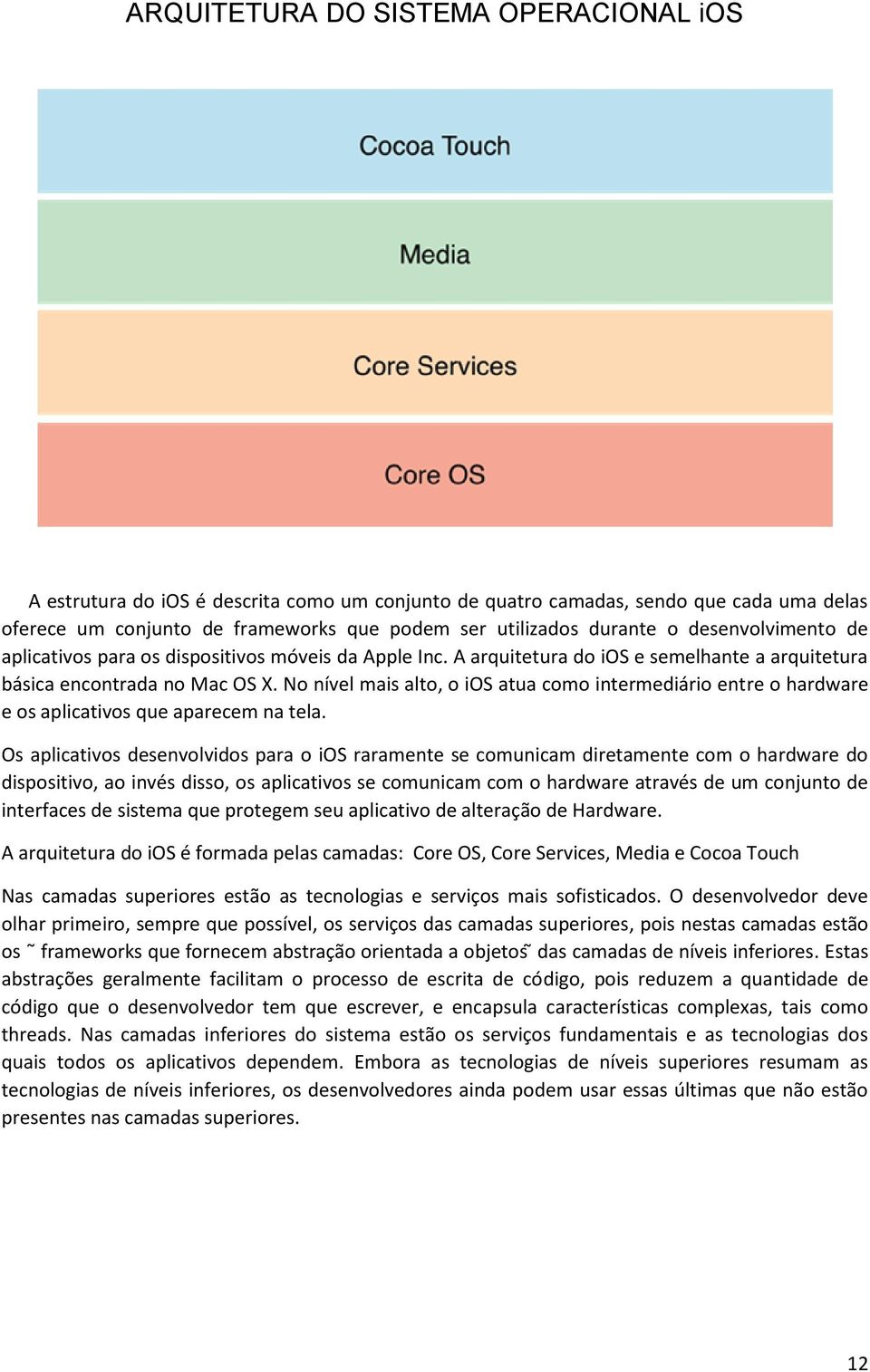 No nível mais alto, o ios atua como intermediário entre o hardware e os aplicativos que aparecem na tela.