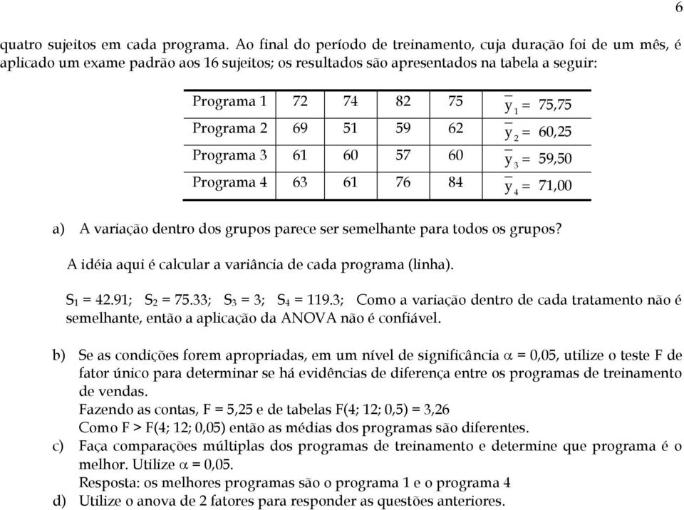 Programa 2 69 51 59 62 y 2 60,25 Programa 3 61 60 57 60 y 3 59,50 Programa 4 63 61 76 84 y 4 71,00 a) A variação dentro dos grupos parece ser semelhante para todos os grupos?