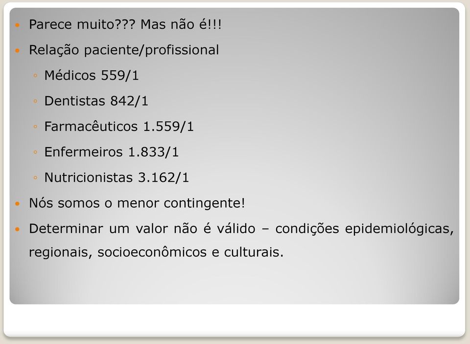 Farmacêuticos 1.559/1 Enfermeiros 1.833/1 Nutricionistas 3.