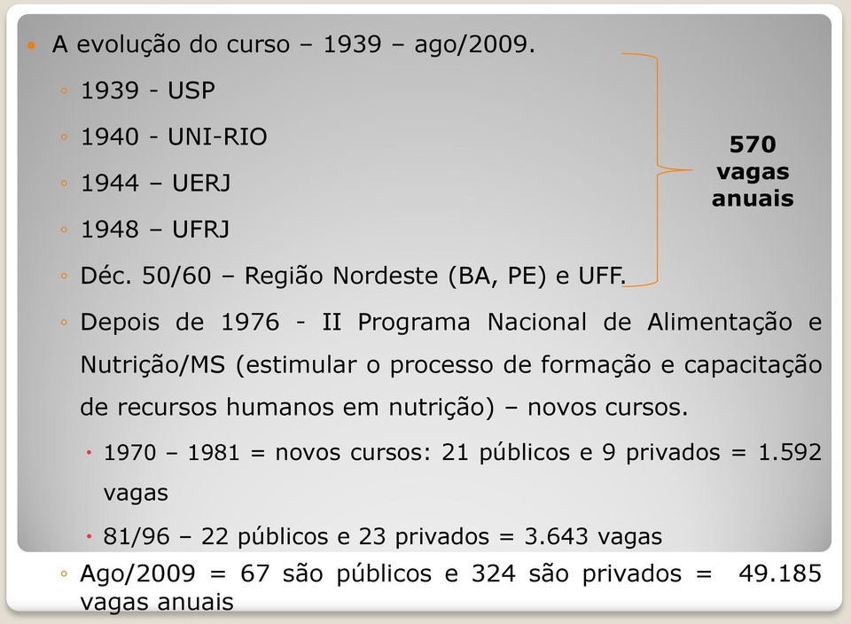 Depois de 1976 - II Programa Nacional de Alimentação e Nutrição/MS (estimular o processo de formação e capacitação de