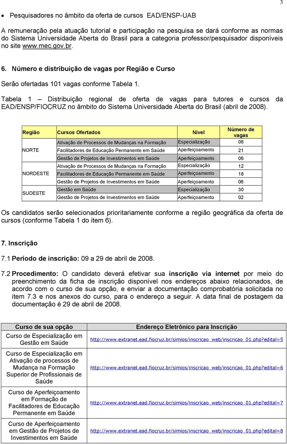 Tabela 1 Distribuição regional de oferta de vagas para tutores e cursos da EAD/ENSP/FIOCRUZ no âmbito do Sistema Universidade Aberta do Brasil (abril de 2008).