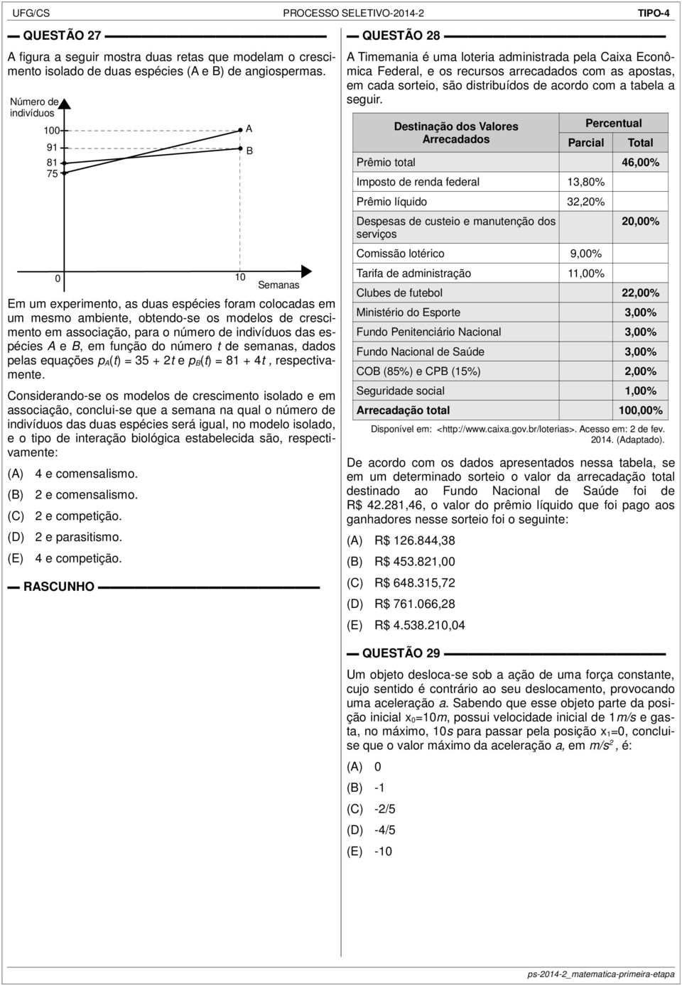 função do número t de semanas, dados pelas equações p A(t) = 35 + 2t e p B(t) = 81 + 4t, respectivamente.