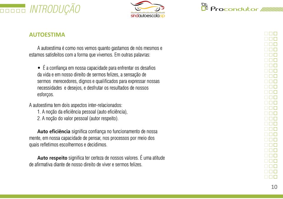 nossas necessidades e desejos, e desfrutar os resultados de nossos esforços. A autoestima tem dois aspectos inter-relacionados: 1. A noção da eficiência pessoal (auto eficiência), 2.