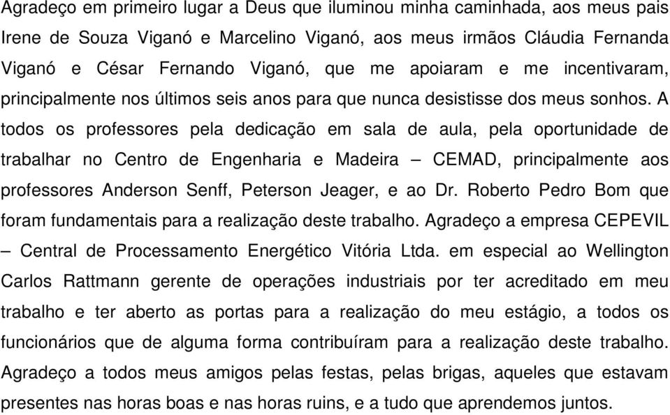 A todos os professores pela dedicação em sala de aula, pela oportunidade de trabalhar no Centro de Engenharia e Madeira CEMAD, principalmente aos professores Anderson Senff, Peterson Jeager, e ao Dr.