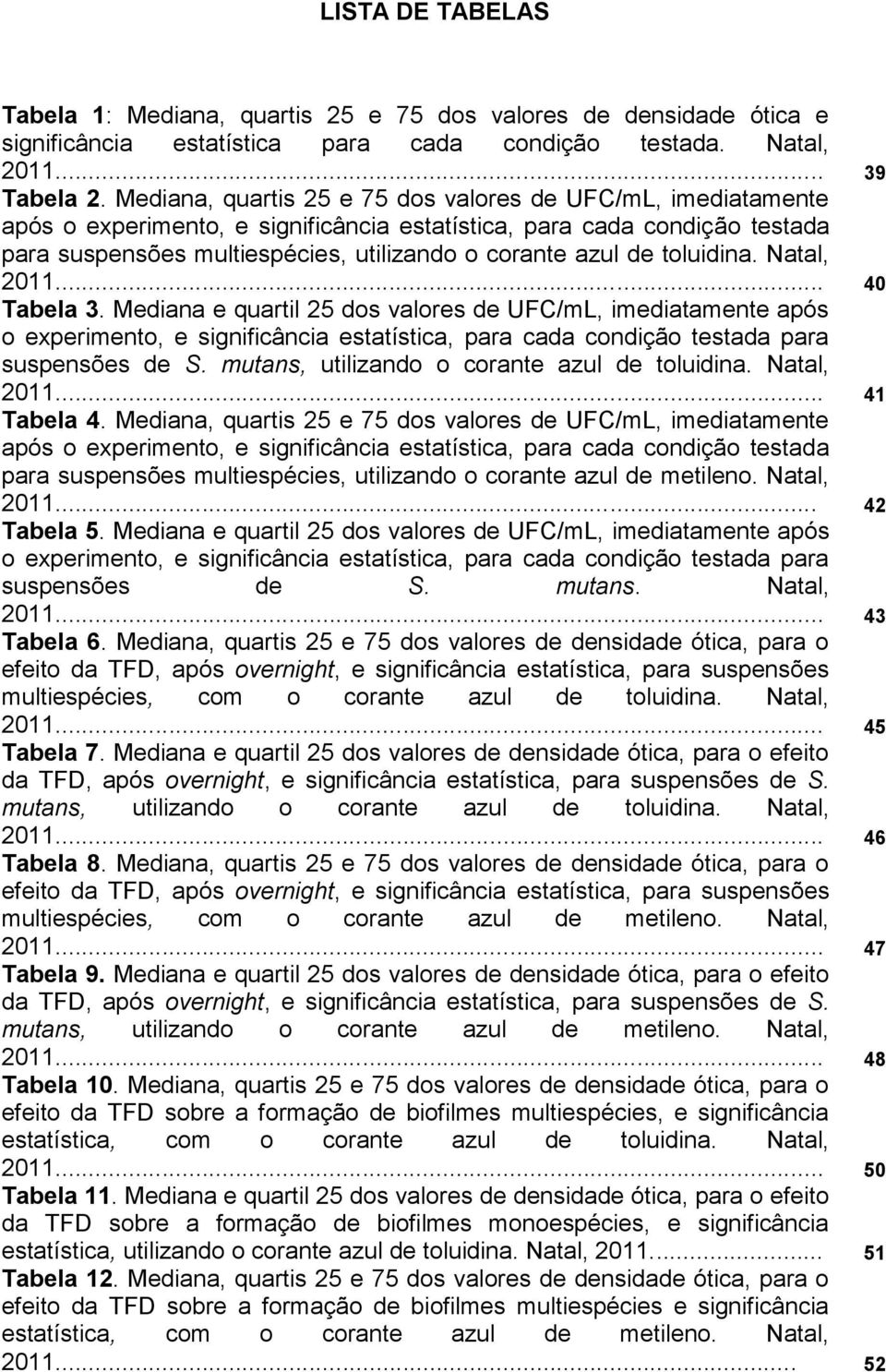 toluidina. Natal, 2011... 40 Tabela 3. Mediana e quartil 25 dos valores de UFC/mL, imediatamente após o experimento, e significância estatística, para cada condição testada para suspensões de S.