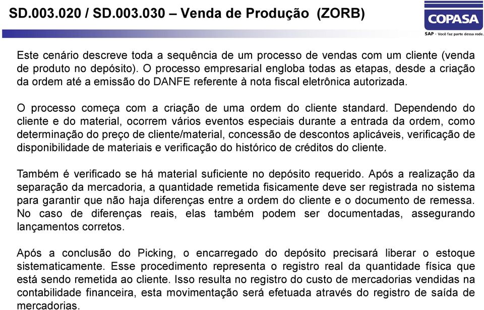 O processo começa com a criação de uma ordem do cliente standard.