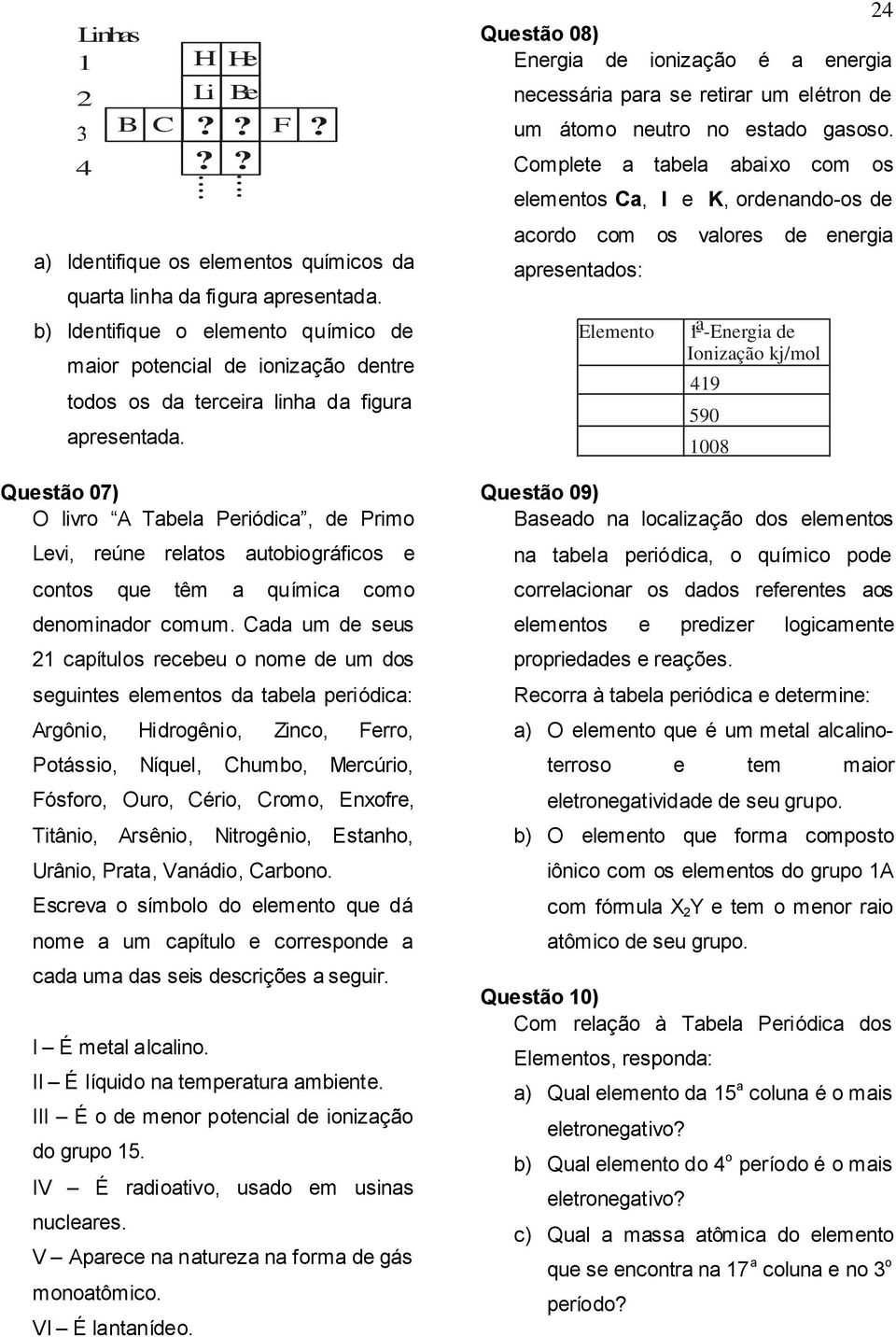 Questão 07) O livro A Tabela Periódica, de Primo Levi, reúne relatos autobiográficos e contos que têm a química como denominador comum.