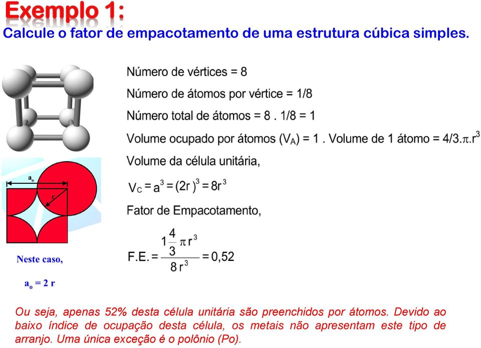 Ou seja, apenas 52% desta célula unitária são preenchidos por átomos.