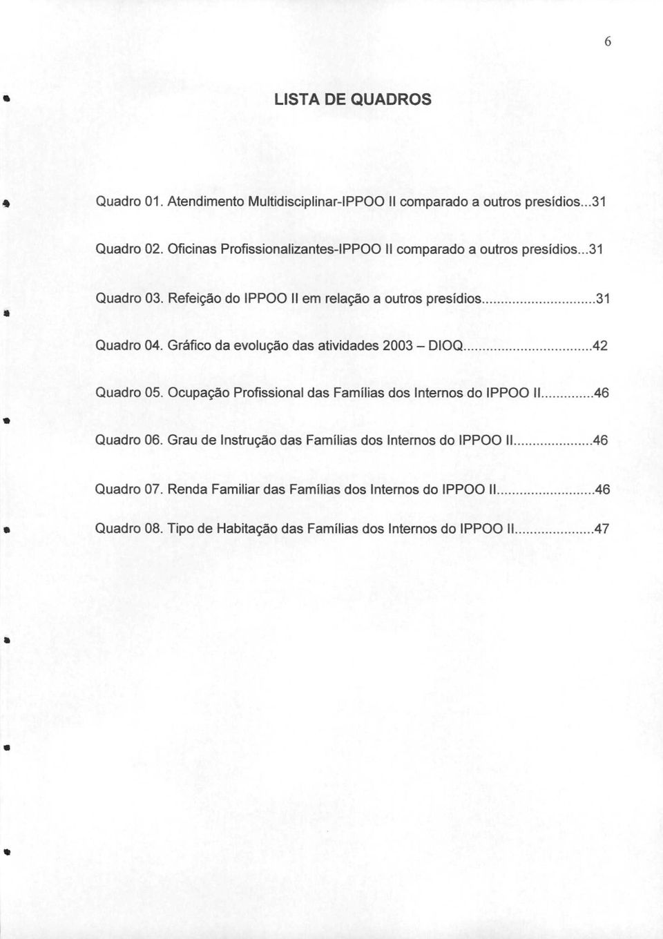 Gráfico da evolução das atividades 2003 - DIOQ...42 Quadro 05. Ocupação Profissional das Famílias dos Internos do IPPOO II... 46 Quadro 06.