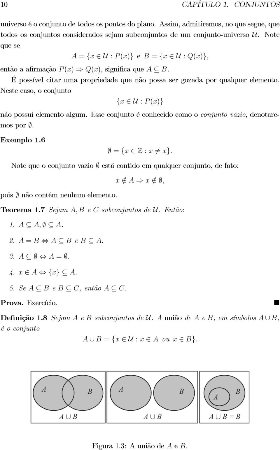 Neste caso, o conjunto {x U : P (x)} não possui elemento algum. Esse conjunto é conhecido como o conjunto vazio, denotaremos por. Exemplo 1.6 = {x Z : x 6= x}.