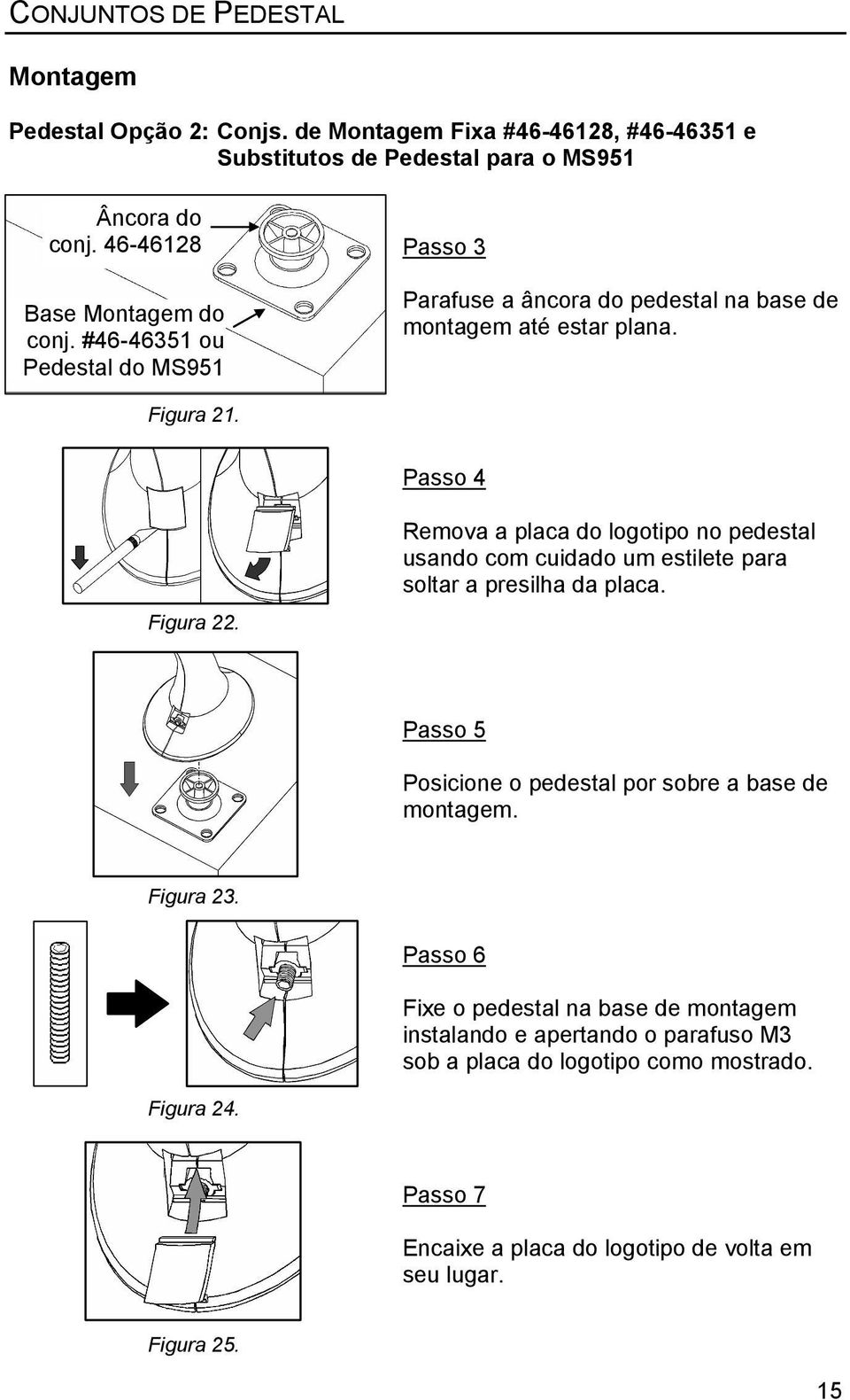 Remova a placa do logotipo no pedestal usando com cuidado um estilete para soltar a presilha da placa. Passo 5 Posicione o pedestal por sobre a base de montagem. Figura 23.