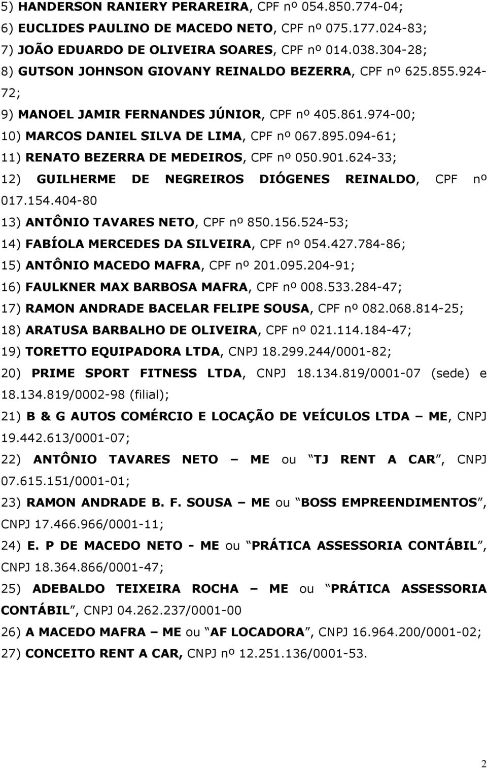 094-61; 11) RENATO BEZERRA DE MEDEIROS, CPF nº 050.901.624-33; 12) GUILHERME DE NEGREIROS DIÓGENES REINALDO, CPF nº 017.154.404-80 13) ANTÔNIO TAVARES NETO, CPF nº 850.156.