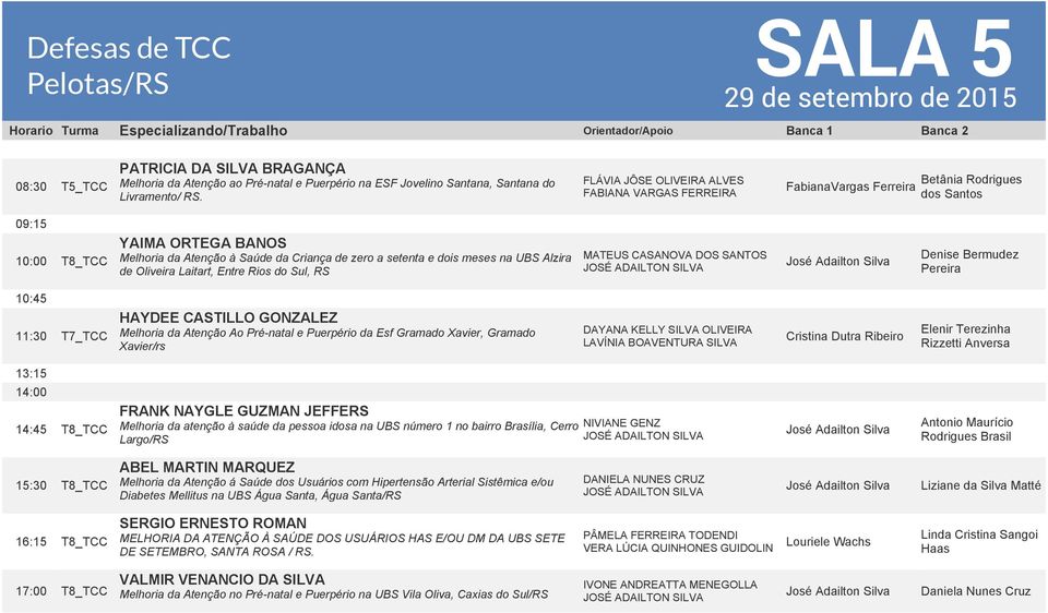 Oliveira Laitart, Entre Rios do Sul, RS MATEUS CASANOVA DOS SANTOS Denise Bermudez Pereira 10:45 11:30 T7_TCC HAYDEE CASTILLO GONZALEZ Melhoria da Atenção Ao Pré-natal e Puerpério da Esf Gramado