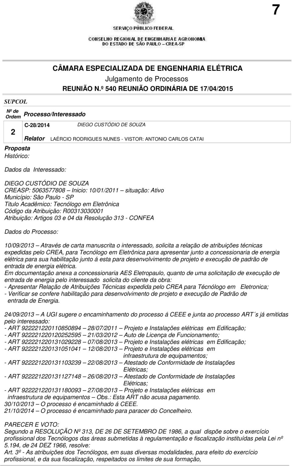 NUNES - VISTOR: ANTONIO CARLOS CATAI 10/09/2013 Através de carta manuscrita o interessado, solicita a relação de atribuições técnicas expedidas pelo CREA, para Tecnólogo em Eletrônica para apresentar