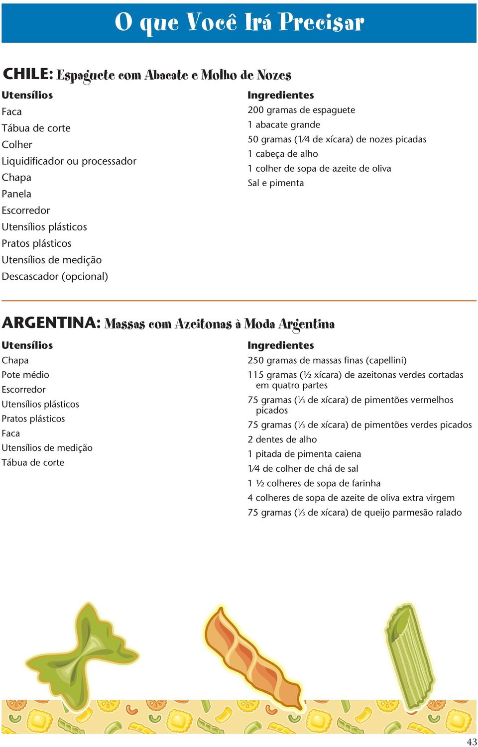 e pimenta Argentina: Massas com Azeitonas à Moda Argentina Utensílios Chapa Pote médio Escorredor Utensílios plásticos Pratos plásticos Faca Utensílios de medição Tábua de corte Ingredientes 250