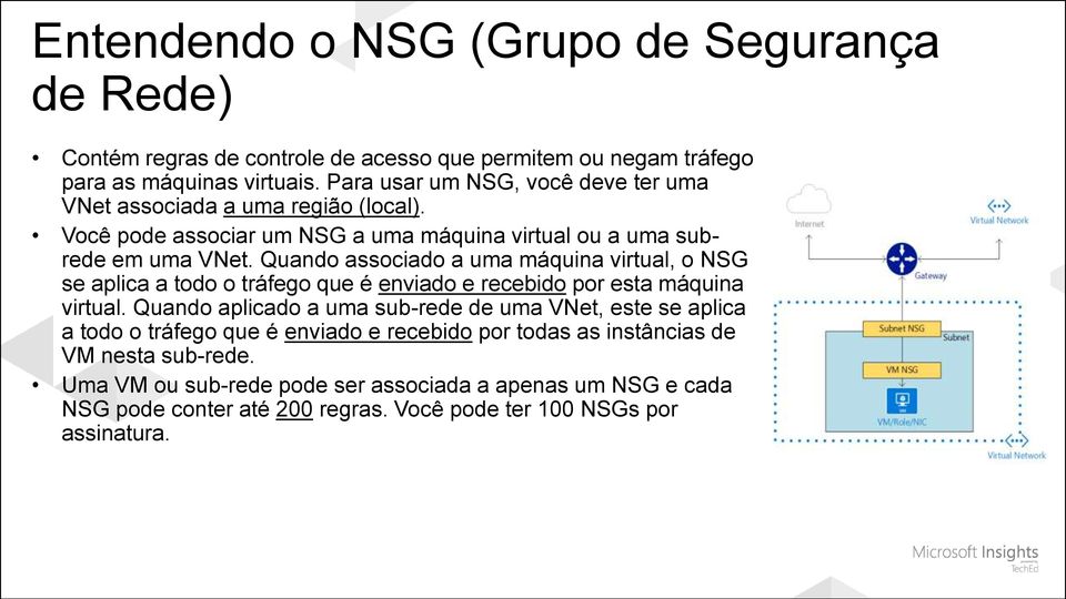 Quando associado a uma máquina virtual, o NSG se aplica a todo o tráfego que é enviado e recebido por esta máquina virtual.