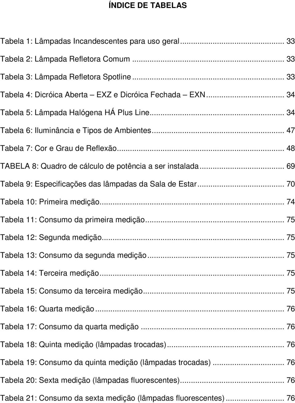 .. 48 TABELA 8: Quadro de cálculo de potência a ser instalada... 69 Tabela 9: Especificações das lâmpadas da Sala de Estar... 70 Tabela 10: Primeira medição... 74 Tabela 11: Consumo da primeira medição.