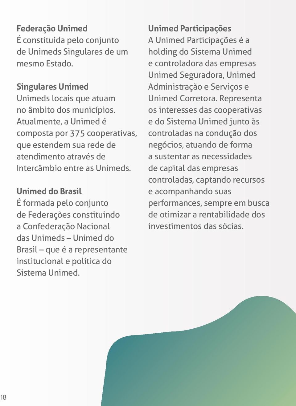 Unimed do Brasil É formada pelo conjunto de Federações constituindo a Confederação Nacional das Unimeds Unimed do Brasil que é a representante institucional e política do Sistema Unimed.