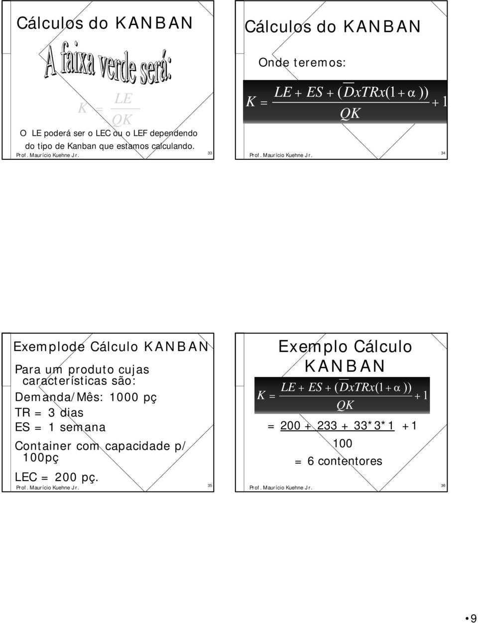 33 K = LE ES ( DxTRx(1 QK a )) 1 34 Exemplode Cálculo KANBAN Para um produto cujas características são: