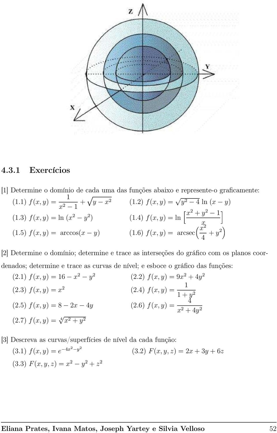 6) f(, ) = arcsec 2 4 + [2] Determine o domínio; determine e trace as interseções do gráfico com os planos coordenados; determine e trace as curvas de nível; e esboce o gráfico das funções: