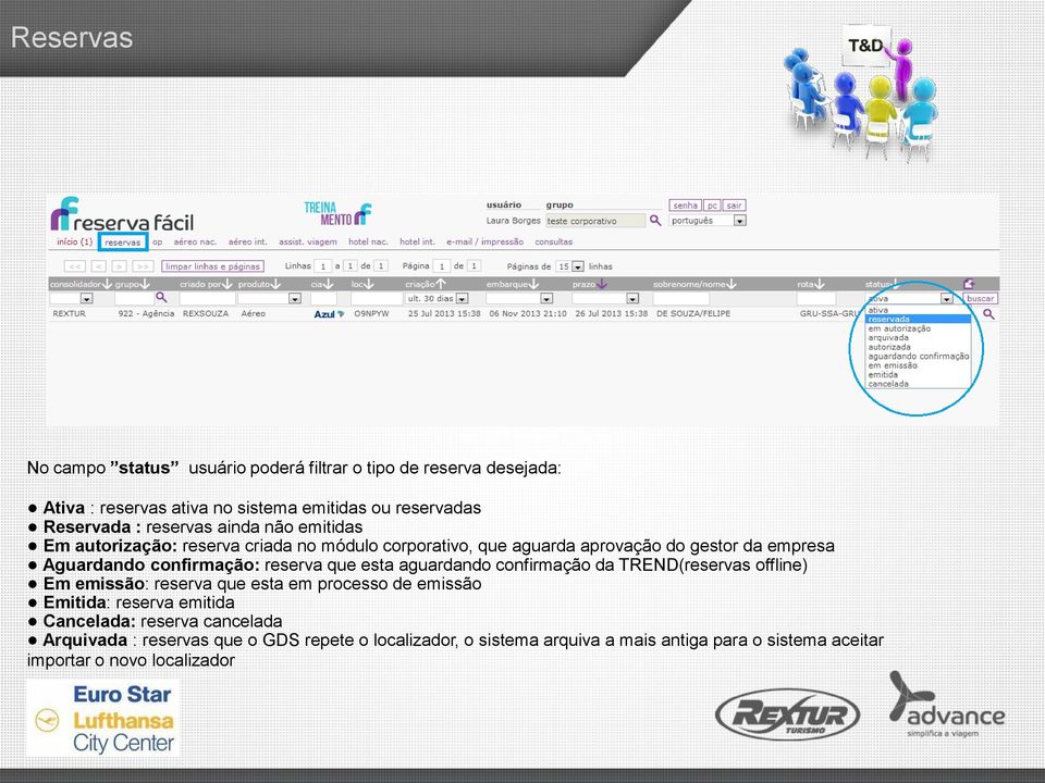 reserva que esta aguardando confirmação da TREND(reservas offline) Em emissão: reserva que esta em processo de emissão Emitida: reserva emitida