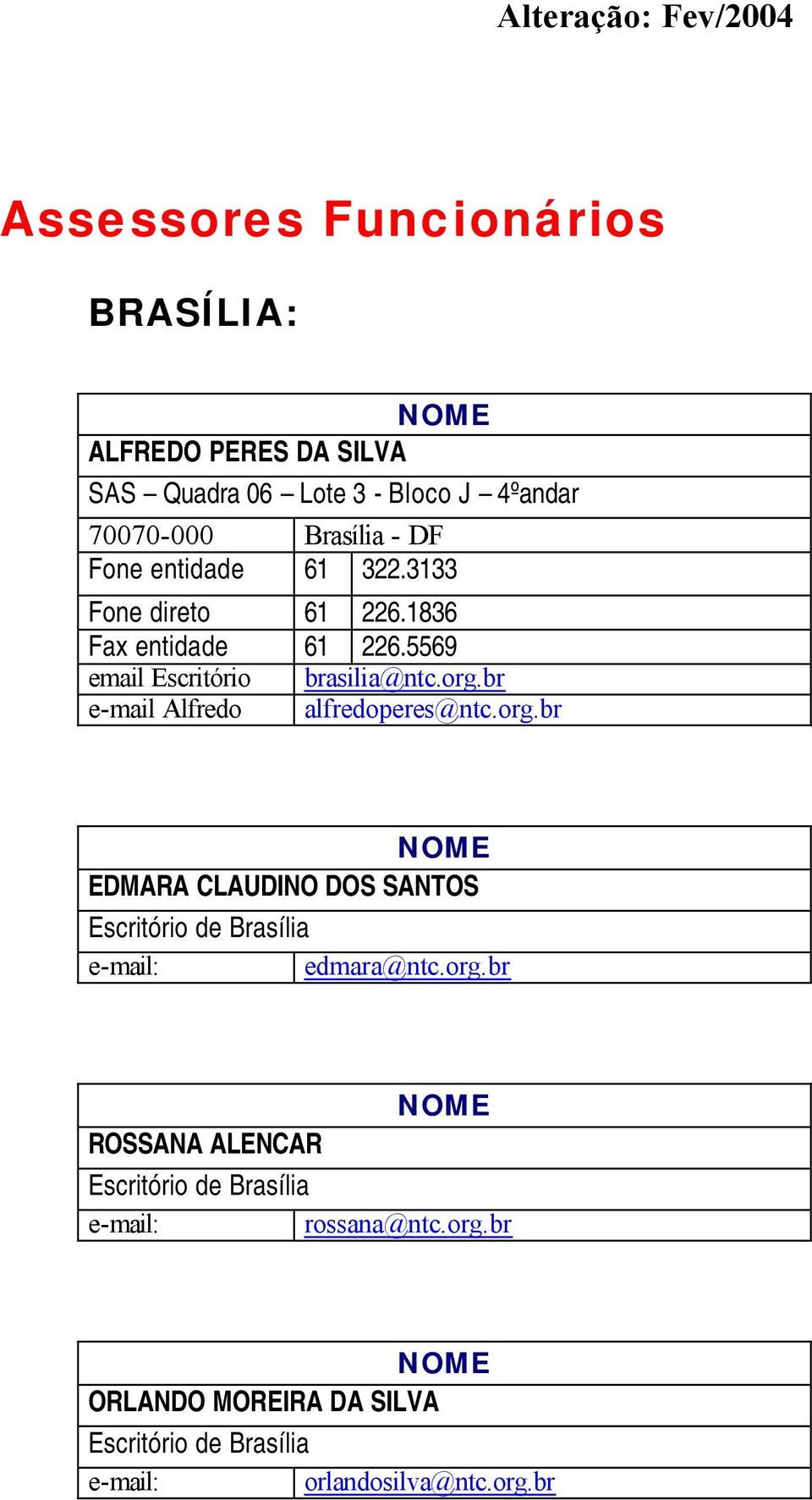 br e-mail Alfredo alfredoperes@ntc.org.br EDMARA CLAUDINO DOS SANTOS Escritório de Brasília edmara@ntc.org.br ROSSANA ALENCAR Escritório de Brasília rossana@ntc.