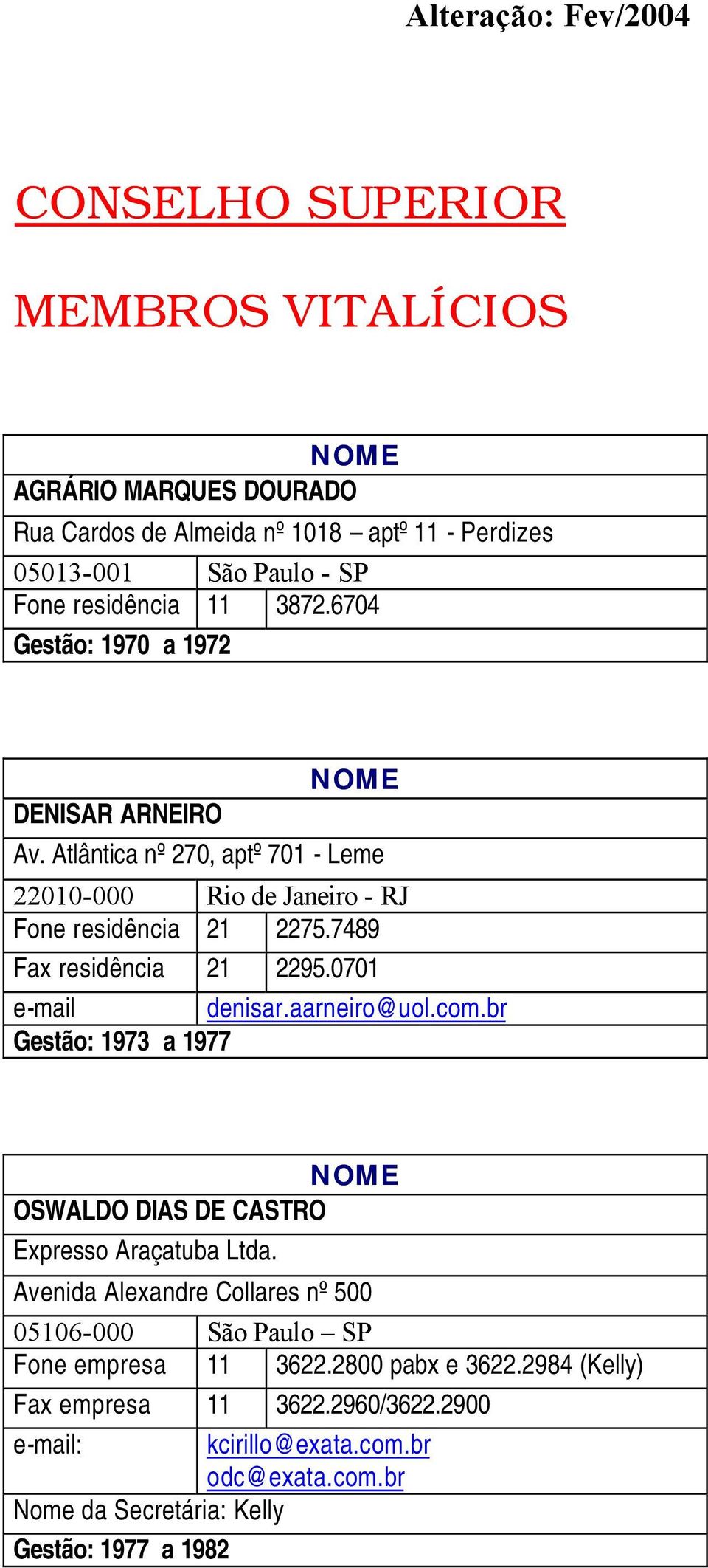 0701 e-mail denisar.aarneiro@uol.com.br Gestão: 1973 a 1977 OSWALDO DIAS DE CASTRO Expresso Araçatuba Ltda.