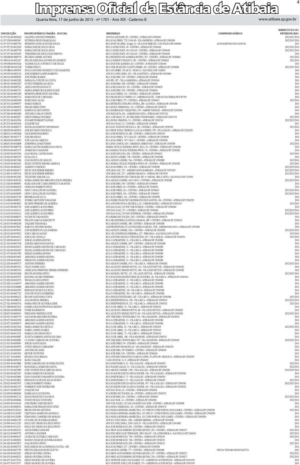 01-0005796 BENEDITO GONCALVES DE SOUZA RUA DOM VILARES, 26 apto 12 - VILA DAS MERCES - SAO PAULO/SP 4160000 LUIS MARTINS DOS SANTOS 2013 01.197.057.03-0012050 MARIA JOSE DE SOUZA SILVA RUA CASTRO FAFE, 49 - CENTRO - ATIBAIA/SP 12940440 2012/2013/2014 01.