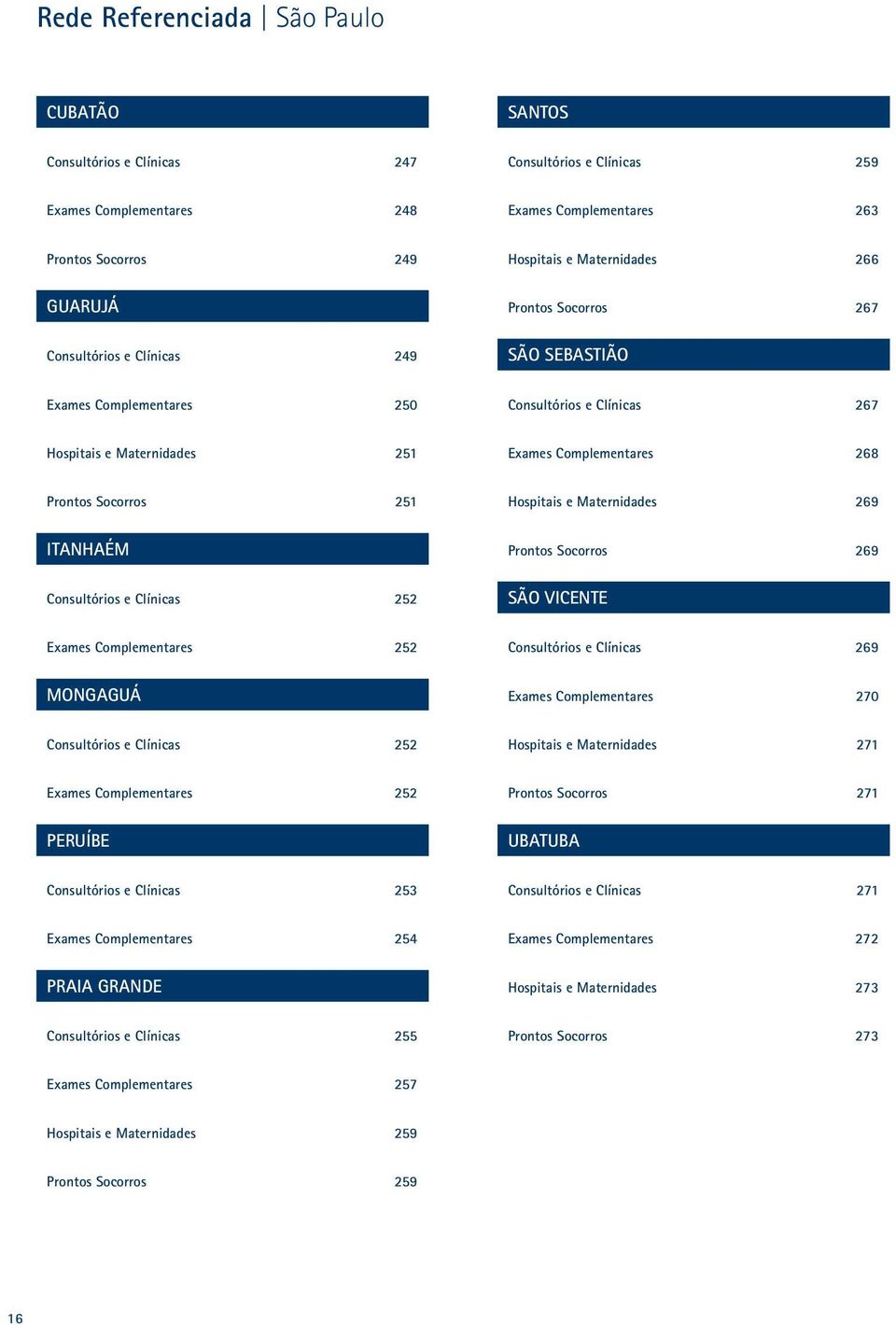 Maternidades 269 Itanhaém Consultórios e Clínicas 252 Prontos Socorros 269 São Vicente Exames Complementares 252 Consultórios e Clínicas 269 Mongaguá Exames Complementares 270 Consultórios e Clínicas