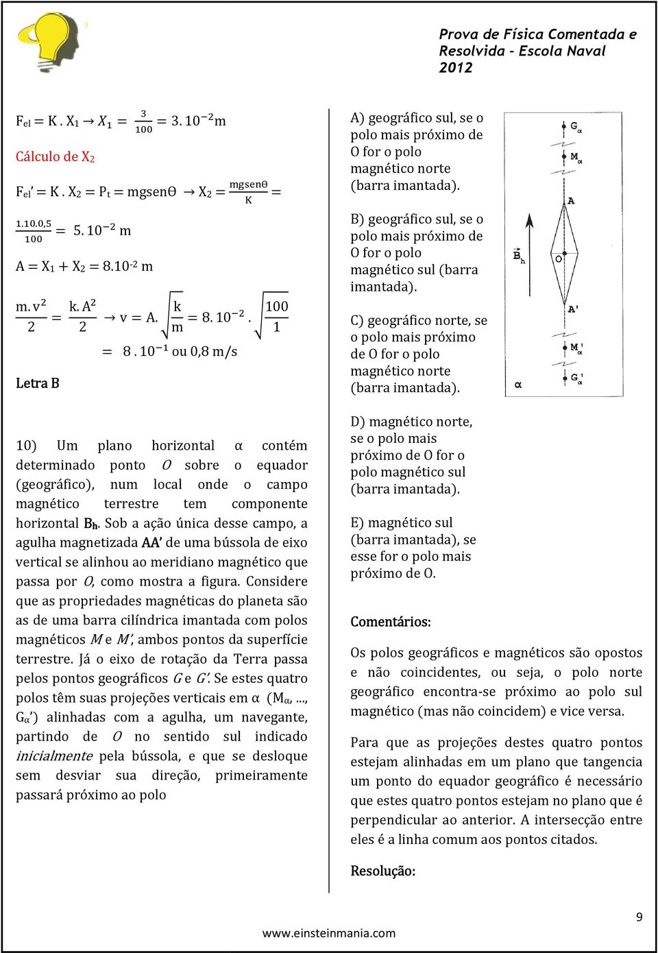 Sob a ação única desse campo, a agulha magnetizada AA de uma bússola de eixo vertical se alinhou ao meridiano magnético que passa por O, como mostra a figura.